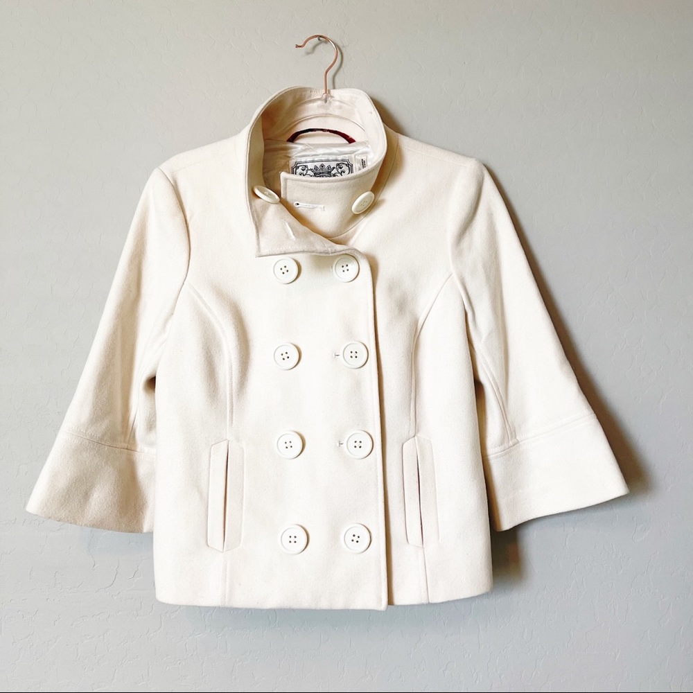 GUESS Women's Double Breasted Pea Coat Jacket Collar 3/4 Sleeve Cream Ivory L